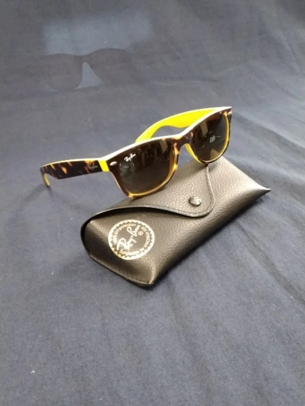 Ray-Ban Tortoiseshell Frame Sunglasses with Yellow Interior and Dark Lenses, RX.